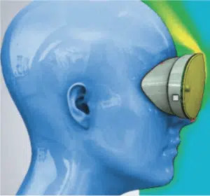 Illustration of a head-mounted display (HMD) showing the active cooling outlet